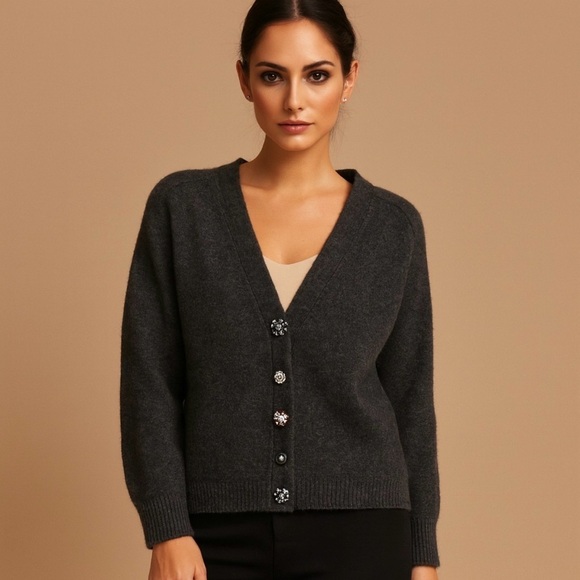 CeCe Sweaters - CeCe Charcoal Gray Embellished Button Cardigan – Soft Knit V-Neck Sweater SZ: S